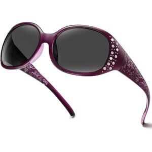 Womens Polarized Purple Frame Eyes Protection Sunglasses Rhinestone Around Wrap